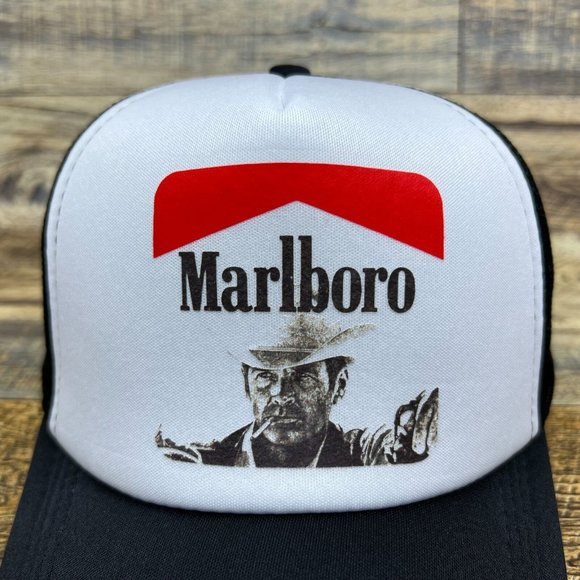 Marlboro Man Mens Trucker Hat Black Snapback Vintage Cigarette Ad Baseball Cap - Picture 3 of 8
